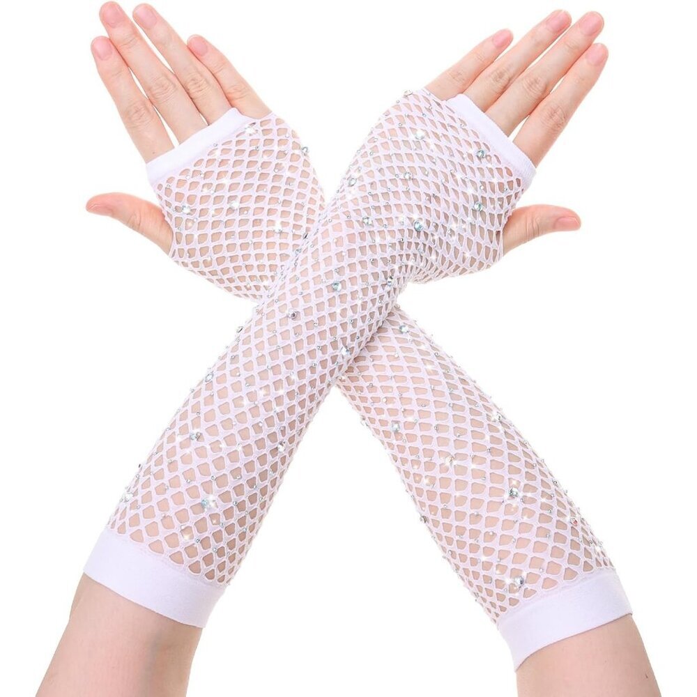 Women's Rhinestone White Sparkly Halloween Cosplay Fingerless Long Gloves
